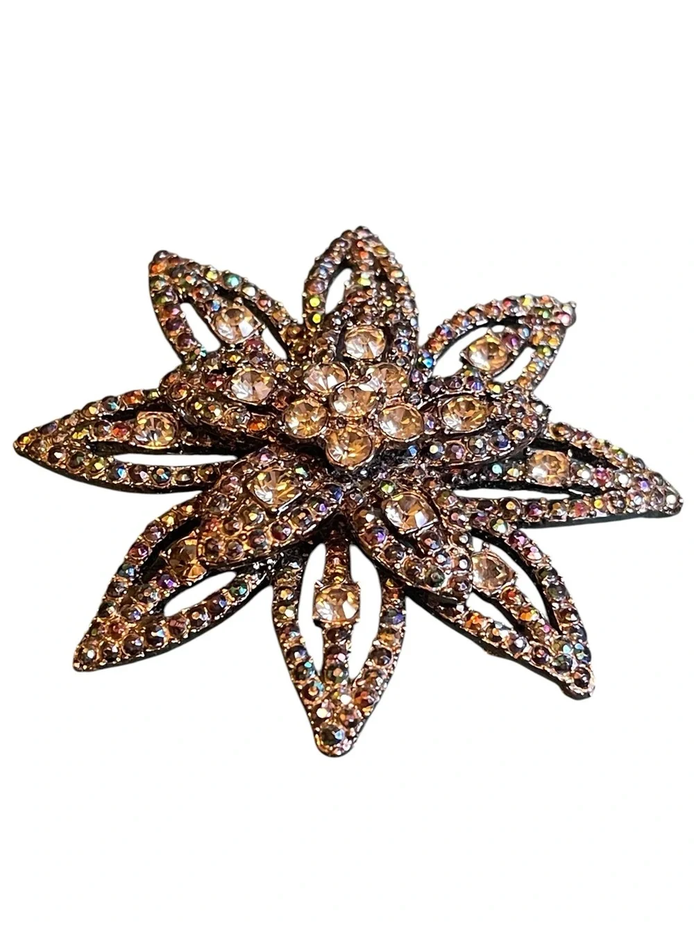 Vintage Multi-Tiered Gunmetal Oil Slick Rhinestone Flower Brooch
